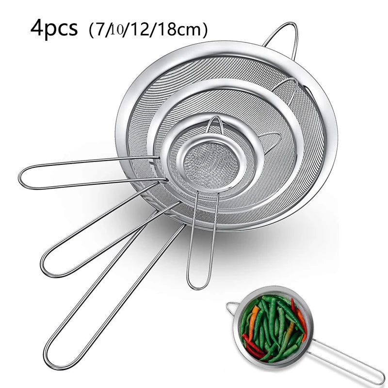 Stainless Steel Fine Mesh Strainer Set - Oil, Flour, and Baking Sifter Tools